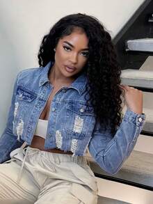 Alexandranx Women Distressed Raw Hem Cropped Denim Jacket, Long Sleeve - Light Wash - View 6