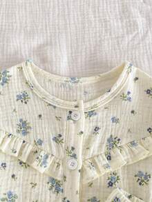 SHEIN Baby Girls' Ditsy Floral Cute Ruffle Trim Cardigan & Pants 2Pcs Casual Outfit - Apricot - View 7