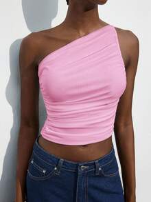 Maija 2026 Spring/Summer New Arrival Pink Asymmetrical Cut Asymmetric Shoulder Design Ruched Mesh Fabric Women Camisole, Chic & Elegant For Party, Urban Commute - Pink - View 7