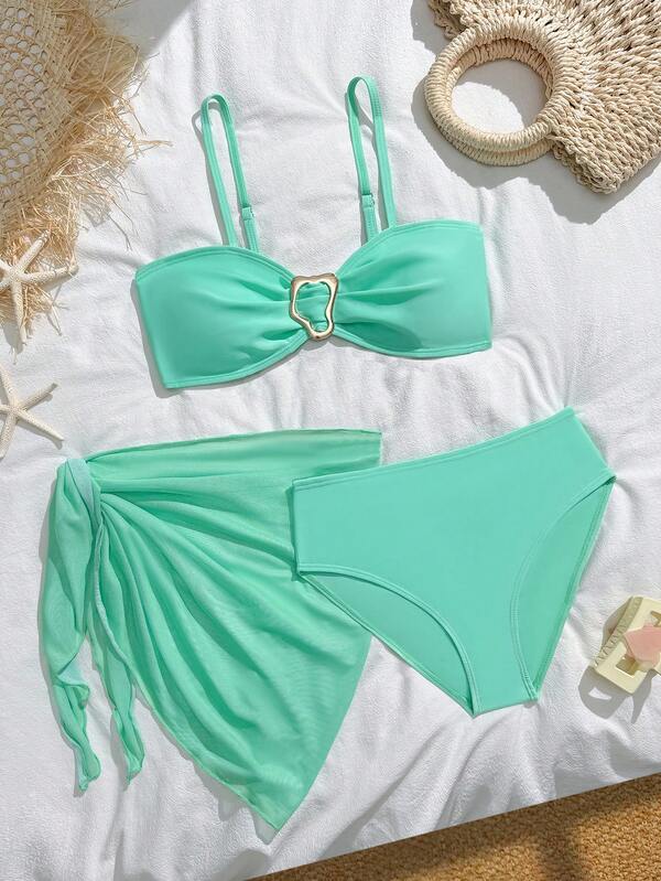 SHEIN Teen Girls Bikini Sets: A Fashionable Light Green Swimsuit Set With A Strapless Top Made Of Mesh Knitted Fabric, Shoulder Straps, And A Mesh Skirt. This Three-Piece Set Features A Separate Strapless Shoulder Strap With Metal, Triangle Pants, And A Mesh Skirt. It Is Fashionable, Casual, Elegant, And Ladylike. It Is Suitable For Swimming, Summer Vacations, Summer Beaches, Seaside Swimming Pools, And Summer Parties