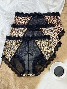 3pcs Plus Size Lace Patchwork Leopard Print Panties Set - Multicolor - View 2