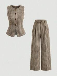 Chiquease Bộ áo blazer và quần không tay kẻ caro cổ điển đang thịnh hành năm 2026 - Thiết kế cạp cao, có cúc cài, thanh lịch và đa năng, phù hợp cho công sở hoặc kỳ nghỉ. - Nhiều màu - Xem 3