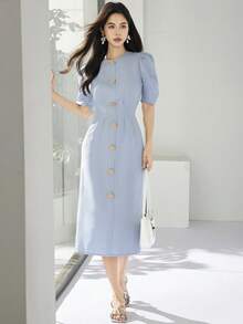 Heiryn 新款褶皱泡泡袖金属扣装饰收腰通勤百搭连衣裙 - 藍色 - 查看 5