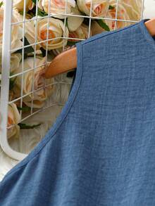 SHEIN Essnce 大码女装春夏时尚休闲宽松舒适日常百搭显瘦蓝色无袖娃娃短裙，夏季服装，简约风格，度假装扮 - 藍色 - 查看 4