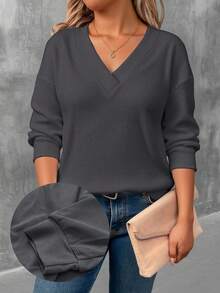 EMERY ROSE 大码女式 V 领休闲长袖 T 恤，灰色
