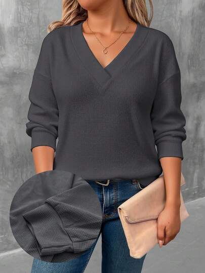 EMERY ROSE 大码女式 V 领休闲长袖 T 恤，灰色