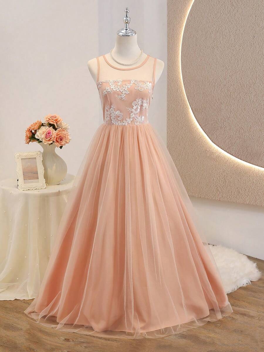 Teen Girl Round Neck Floral Embroidery Mesh Sleeveless Elegant Dress - Multicolor - View 1