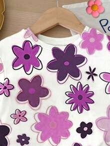 SHEIN Bộ 2 món cho bé gái, họa tiết hoa, màu tím, gồm áo thun cổ tròn tay ngắn và quần legging, thích hợp cho mùa xuân/hè, phong cách Y2K, thời trang thường ngày dễ thương cho bé gái, thời trang thu đông cho bé gái, phong cách thu đông mới, thời trang hoa, K-Pop, bộ đồ hai mảnh cho bé gái, thời trang giá cả phải chăng. - Nhiều màu - Xem 4