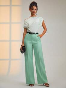 SHEIN Cottnline Damen Weite Bein Eleganter Stil Knopfdetail Regular Fit Grüne Hose - Grün - Übersicht 4