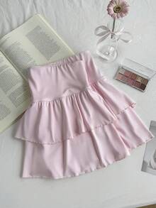 Comfortcana 大码女式迷你裙，纯色直筒荷叶边下摆，休闲日常款 - 淺粉色 - 查看 7