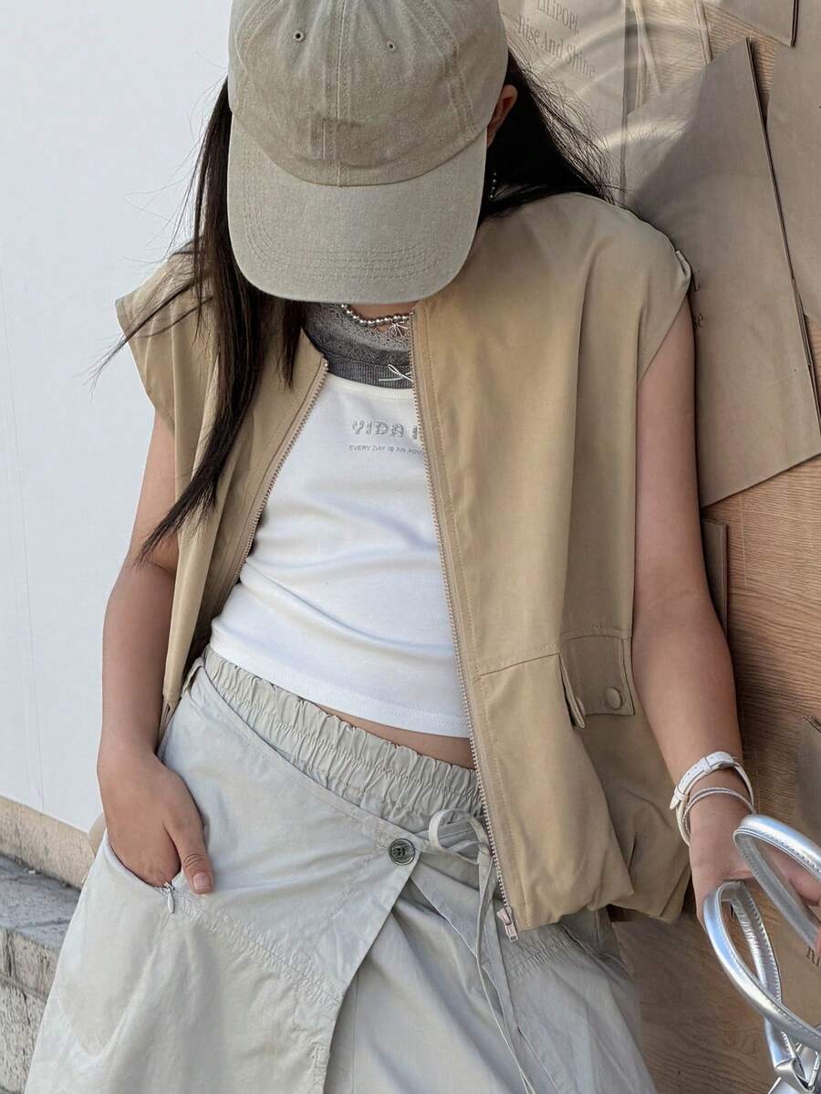 DAZY 女童无袖圆领外套，秋季服装 - 卡其色 - 查看 1