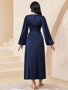 SHEIN Đầm tay phồng màu xanh hải quân phối vàng cổ điển thanh lịch, thích hợp dự tiệc cho các cô gái tuổi teen. - Màu xanh hải quân - Xem 2