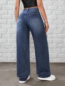 SHEIN Tall 女士休闲日常通勤时尚街头拼接毛边宽松直筒牛仔裤 - 藍色 - 查看 2