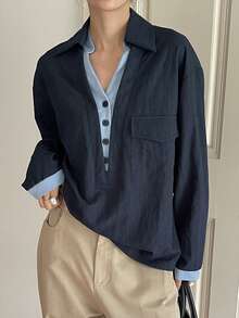 Livesso 女士休闲撞色V领二合一衬衫 - 藏蓝色 - 查看 7