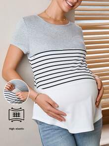 SHEIN 孕妇圆领条纹拼接哺乳功能休闲舒适短袖上衣 - 彩色 - 查看 5