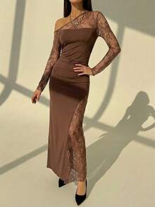 Aloruh Brown Lace Asymmetrical Shoulder Dress, Sheer Slit Elegant Evening Gown For Women - Coffee Brown - View 6