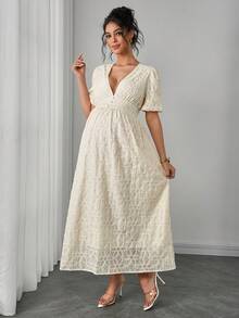 SHEIN Đầm bầu màu trơn cổ chữ V sâu, tay ngắn, thanh lịch - Màu be - Xem 4