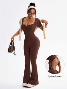 Dewbera Women's Letter Print Open Back Sweetheart Neck Short Sleeve Jumpsuit - Brown - View 6