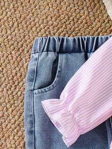 SHEIN Bộ đồ cho bé gái gồm áo tay dài và quần jean kẻ sọc họa tiết hoa dễ thương. - Hồng - Xem 9