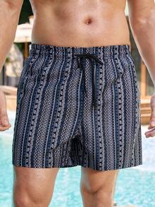 Zalmeno Quần short đi biển nam in họa tiết toàn thân, túi xéo, dây rút eo, trang phục nghỉ dưỡng nam, quần bơi nam, quần bơi dài nam, đồ đi biển Hy Lạp, đồ bơi nam, quần bơi nam, quần bơi họa tiết, quần bơi nam. - màu đen - Xem 2
