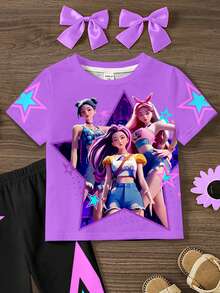 SHEIN 返校季，韩流卡通女孩，彩色紫色星星印花图案，清凉舒适，可爱夏日穿搭，女婴休闲简约短袖圆领T恤和喇叭裤套装，适合春夏穿着，夏季外出必备，韩式风格，返校季，轻松舒适又时尚的女婴，春夏穿搭，休闲装，女婴印花上衣，夏季新款，春夏时尚 - 彩色 - 查看 4