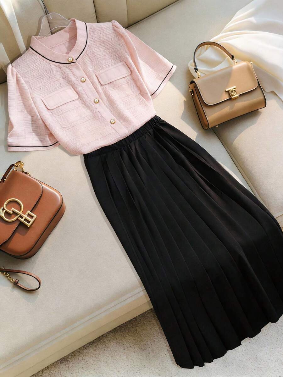 Seusyu Plus Size Solid Color Short Sleeve Pleated A-Line Long Skirt 2 Pieces Set For Women - Multicolor - View 1