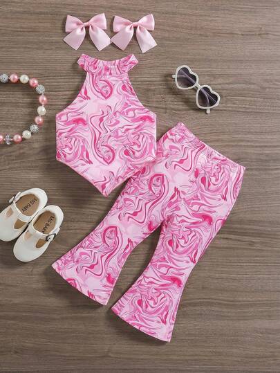 SHEIN 女婴休闲简约舒适波浪纹背心和喇叭裤套装