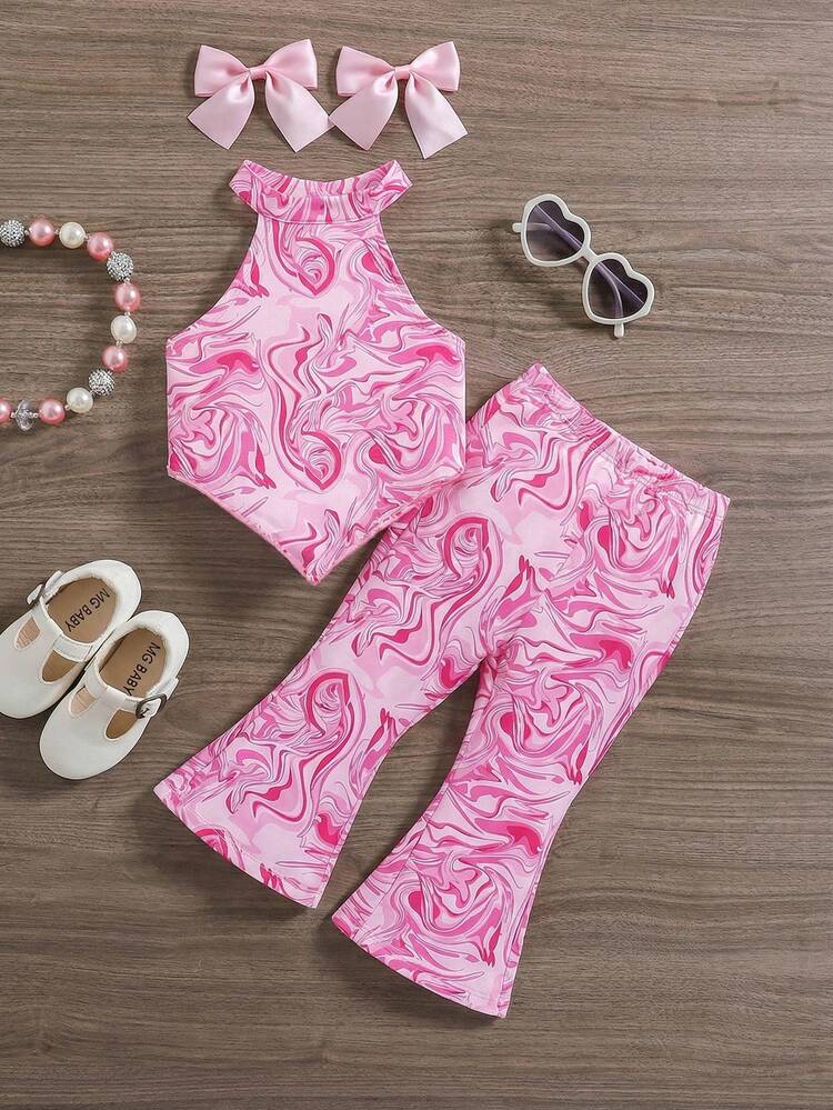 SHEIN Babygirl Casual Minimalist Comfortable Wavy Pattern Tank Top And Flare Pants Set - Multicolor - View 1