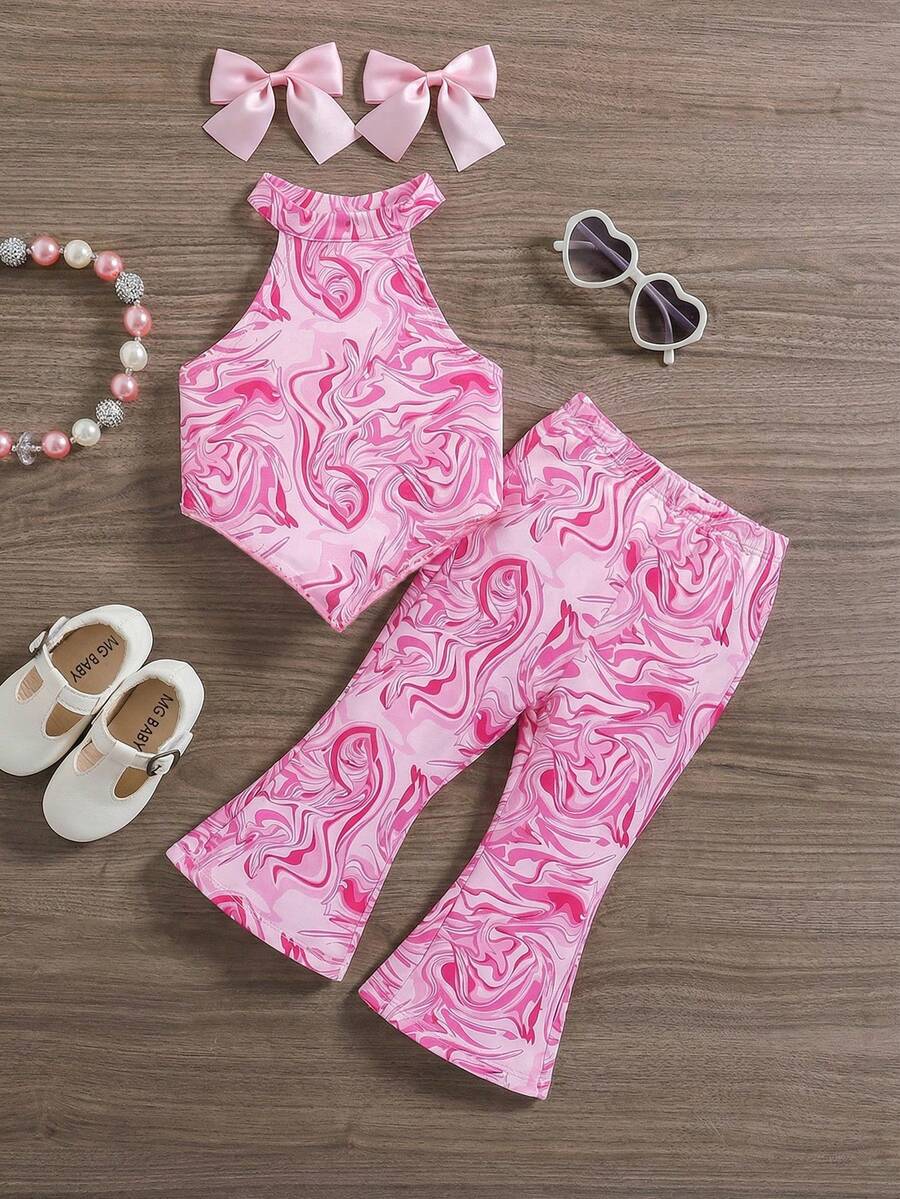 SHEIN 女婴休闲简约舒适波浪纹背心和喇叭裤套装