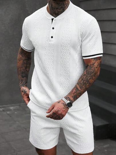 Manfinity CasualCool Men's Contrast Color Textured Fabric Polo Shirt Set, Suitable For Home, Outings And Gatherings Men Two Piece Casual Short Sets 2 Piece Summer Set For Mens Mens 2 Piece Outfits White Mens White Short Set Mens Polo Shorts Set Old Money,Daily Leisure, Weekend Trips, Outdoor Activities, Travel Expeditions, Relaxed Work Environments Or Semi-Formal Occasions, Boyfriend/Husband Gift, Anniversary /Birthday Gift Party Summer Vacation Holiday New Years Wedding Valentine's Day