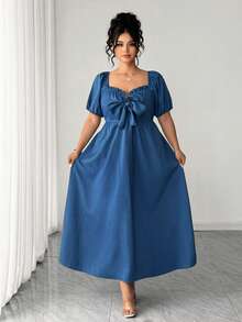 Elenzga Đầm ngắn tay thanh lịch, thắt eo, trễ vai, trang trí nơ dành cho nữ cỡ lớn - Màu xanh lam - Xem 6