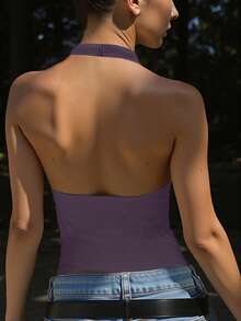 Zyxie Camisola feminina minimalista de cor sólida com decote halter - Roxa - Ver 2