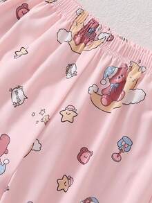 女童可爱睡熊印花短袖粉色长裤睡衣套装 - 藕粉色 - 查看 6