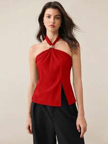 BizChic 新款春夏红色系带蝴蝶结金属装饰不对称开衩下摆无袖衬衫，优雅女士通勤办公装 - 紅色 - 查看 6