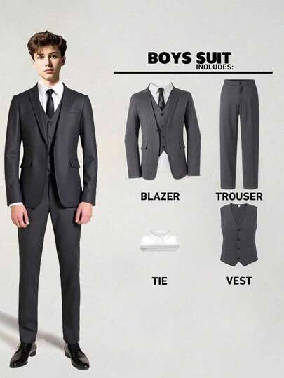 SHEIN 4pcs Teen Boy Gentleman Outfit Set: Gray/Black Suit Jacket + Vest + White Shirt + Pants, Elegant Formal Suit For Birthday Party, Gala, Wedding, Christening, Casual Occasions