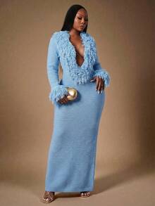 Radiana Đầm maxi dệt kim cổ chữ V sâu, cỡ lớn, thời trang, gợi cảm, trang trí tua rua, hoàn hảo cho trang phục dự tiệc đêm Harlem mùa xuân/hè, toát lên phong cách nữ thần. Đầm xanh Modelyn dành cho nữ, đầm len, thích hợp cho dịp năm mới. - Màu xanh lam - Xem 5