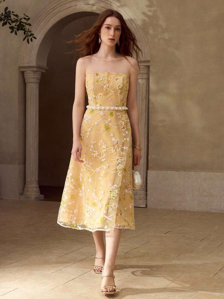 WOMEN'S ELEGANT MESH EMBROIDERED A-LINE MIDI DRESS, SUITABLE FOR OCCASIONS AND DATES