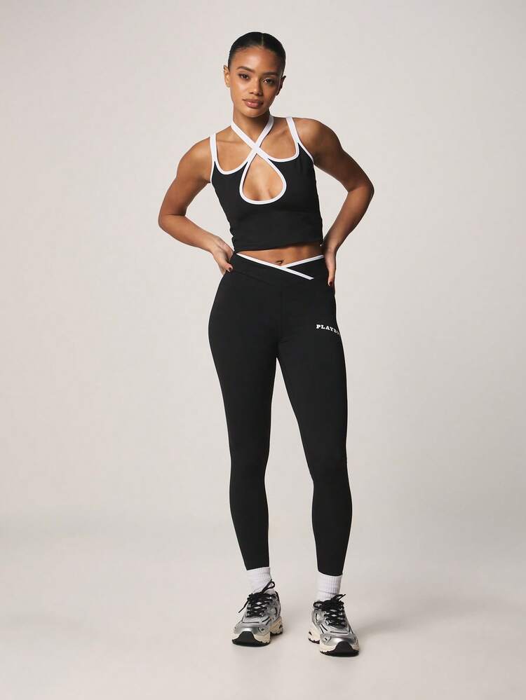 Missguided x Playboy High-Rise Cross-Front Waistband Leggings With Logo Print Athletic Training Pants