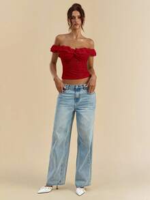 SHEIN BAE Women's White Textured Knit Off-Shoulder Ruffle Front Twist Bodycon Top, Summer Top - Red - View 6