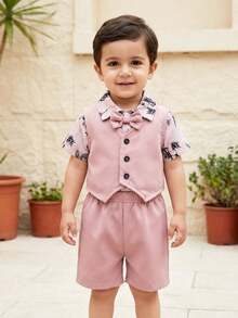 SHEIN 3pcs Baby Boys Gentleman Outfit Set,Floral Long Sleeve Shirt,Vest & Pants,Pink Check,Summer,Cute Modest,Wedding Guest Elegant Fashion Style Clothes - Multicolor - View 2