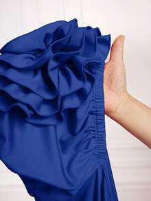 SHEIN Clasi 大码女士优雅情人节荷叶边泡泡袖3D立体花卉装饰修身针织连衣裙 - 寶藍色 - 查看 8