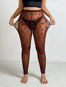 GalTyme Quần legging lưới màu đỏ quyến rũ, thời trang dành cho người có thân hình mũm mĩm, thích hợp cho ngày Valentine. - màu đen - Xem 8