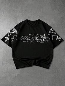 男士休闲时尚圆领短袖T恤，宽松针织衫，复古手写标语，独特风格，趣味复古手写字体，时尚项链图案设计，适合休闲、街头、派对、返校、时尚、节日礼物、男友礼物、男女通用 PAVTROS、情人节、我爱我的男友、复古、街头、节日 - 黑色 - 查看 1