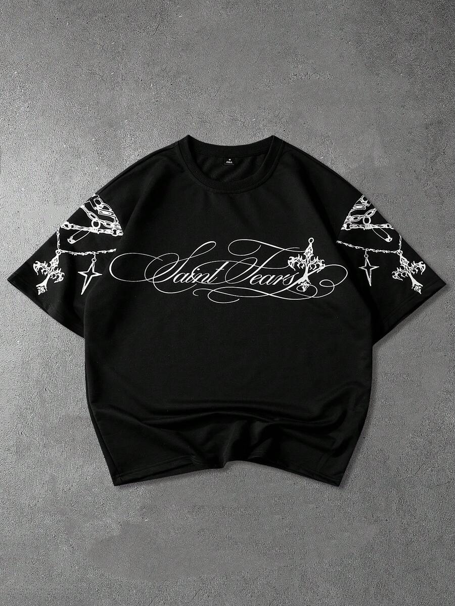 男士休闲时尚圆领短袖T恤，宽松针织衫，复古手写标语，独特风格，趣味复古手写字体，时尚项链图案设计，适合休闲、街头、派对、返校、时尚、节日礼物、男友礼物、男女通用 PAVTROS、情人节、我爱我的男友、复古、街头、节日 - 黑色 - 查看 1