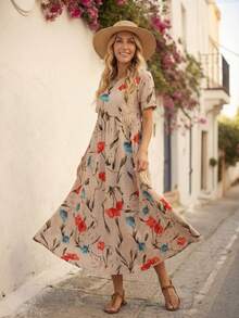Faunlyn Women's Summer Long Dress With Short Sleeves And Large Floral Print. - Multicolor - View 1