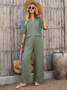 EMERY ROSE 两件套女士夏季休闲纯色落肩上衣和裤子套装 - 綠色 - 查看 5