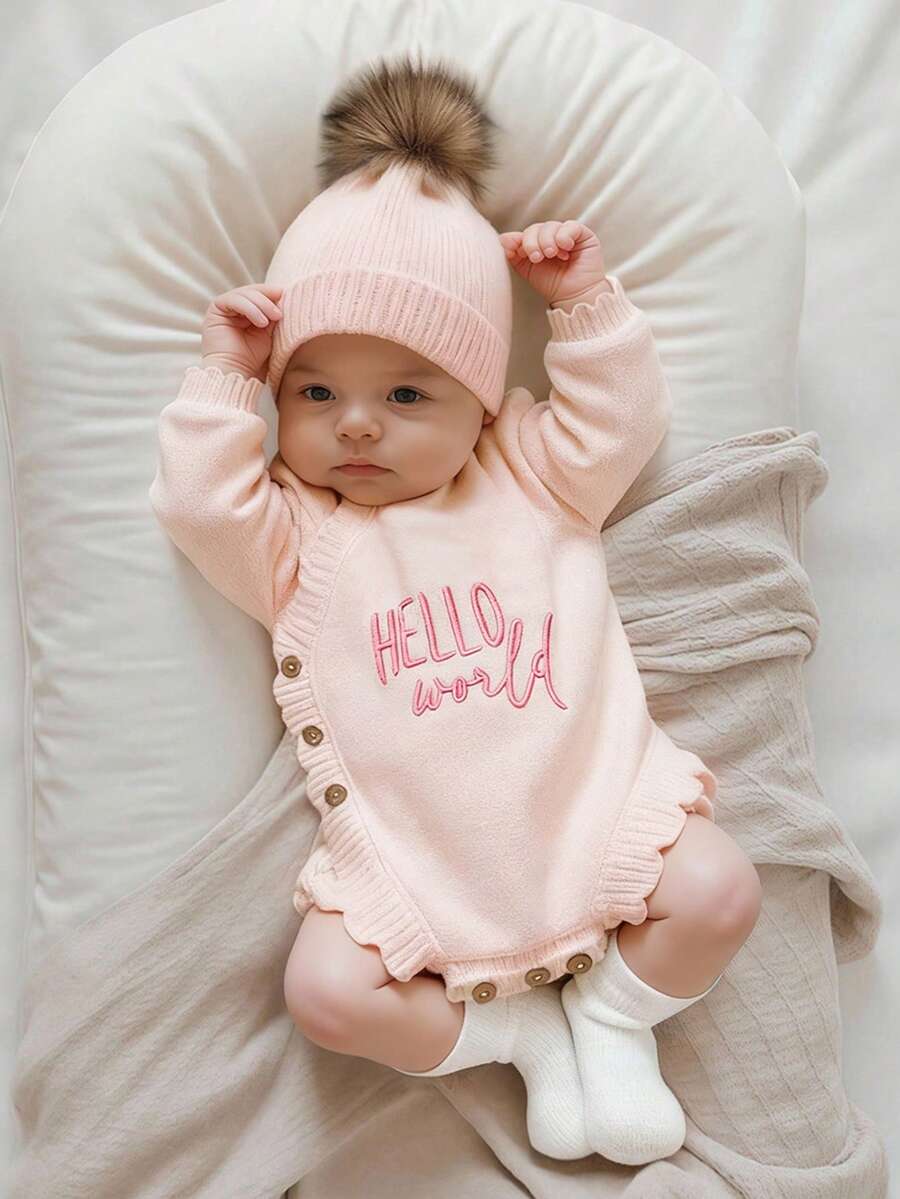 针织“Hello World”刺绣新生儿连体衣，配同款毛球帽，可作婴儿出生公告连体衣、婴儿摄影道具，米色，适合宝宝回家穿着 - 粉色 - 查看 1