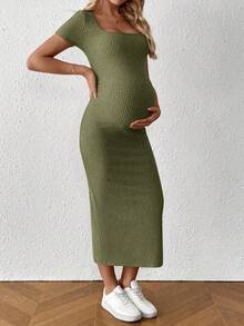 SHEIN Đầm suông dáng ôm dáng đơn giản cổ vuông tay ngắn xẻ tà bên hông cho bà bầu - xanh quân đội - Xem 5