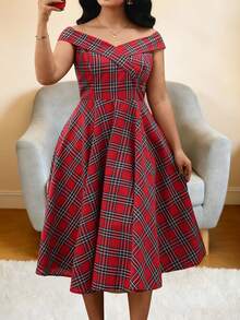 EMERY ROSE Plus Size Women Vintage Christmas Plaid Dress, Red Plaid A-Line Dress - Multicolor - View 6