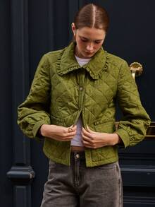 lacRébo Winter Green Quilted Jacket With Ruffled Collar And Button Front Winter Women Clothes Spring Summer  New Year - Army Green - View 6